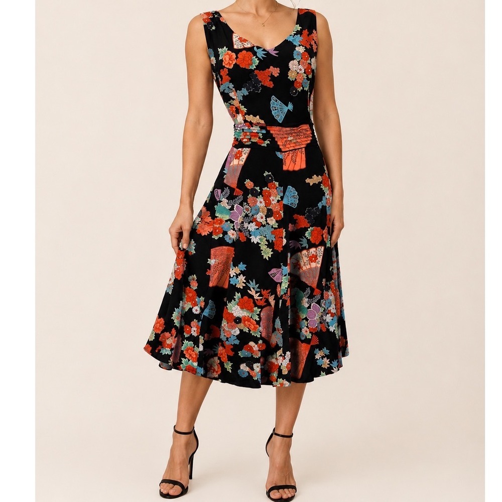 Vintage‎ Kamellia by PR Floral Fan Print Midi Dress Black Rayon M